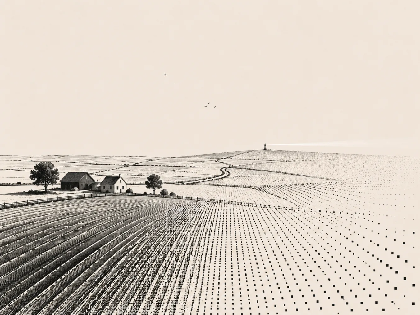 Gravura de uma casa de fazenda na borda de campos arados, os talhões distantes se dissolvendo em pontos.