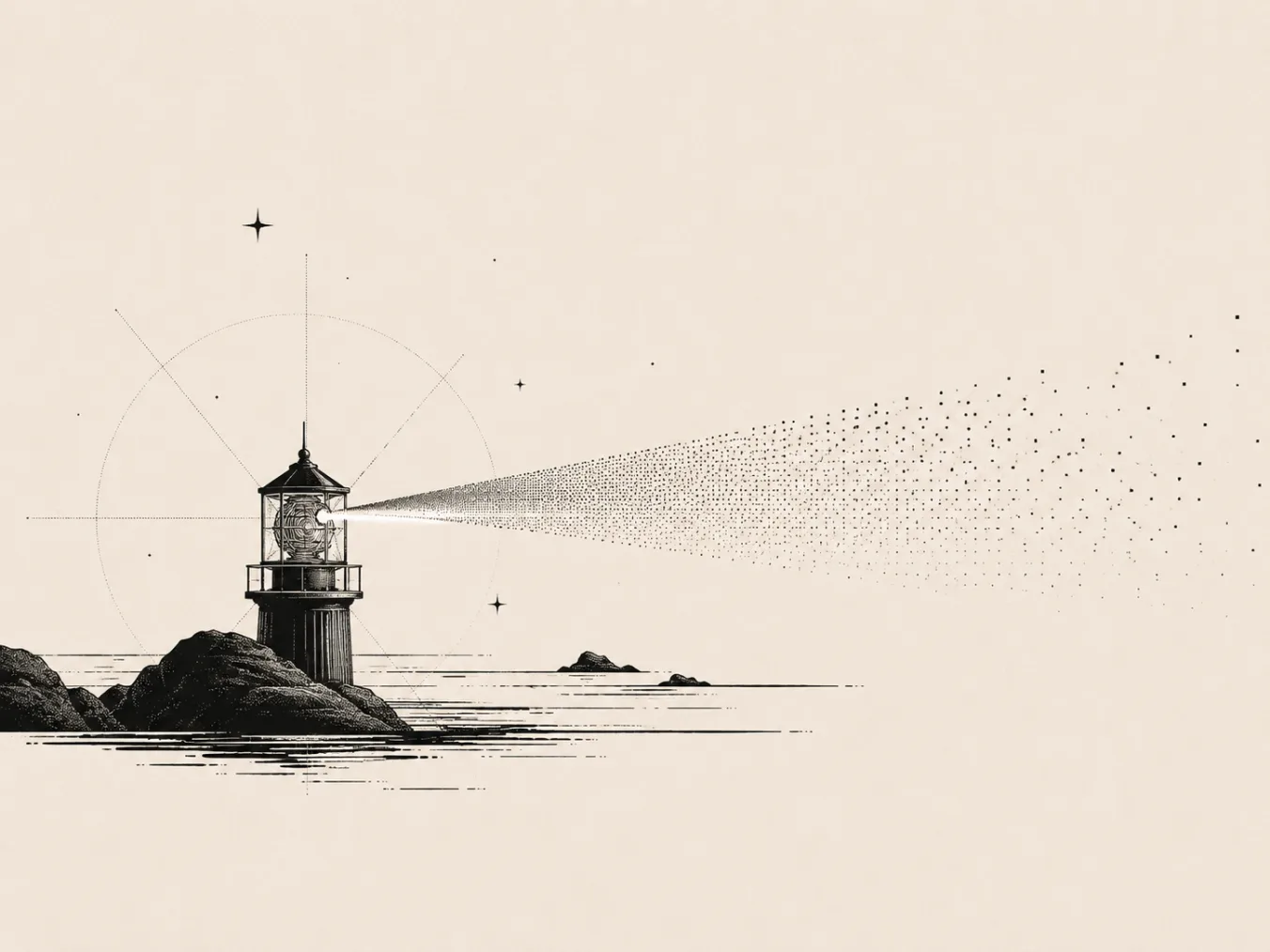 Engraving of a lighthouse on a rock at sea, lamp lit, beam crossing the water.